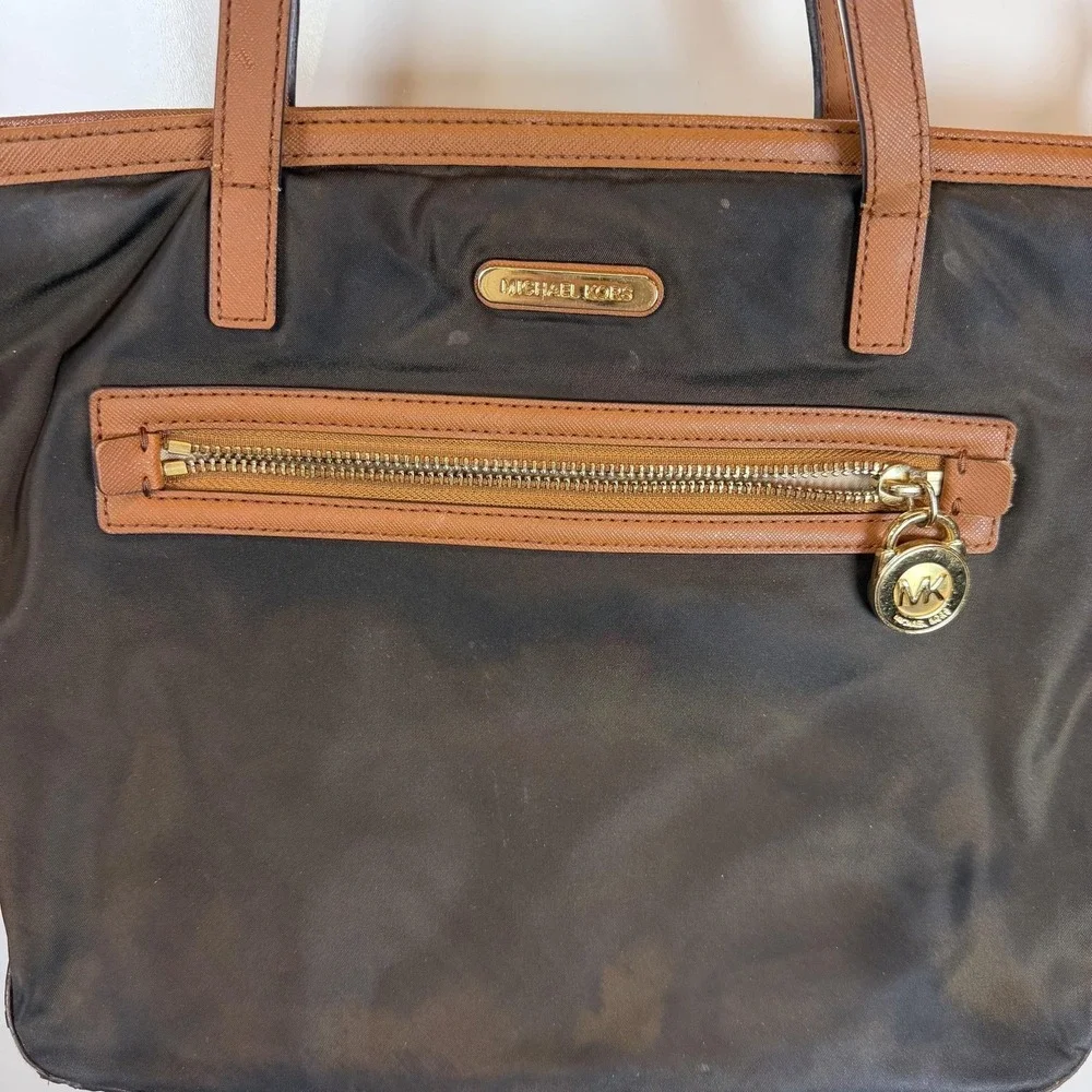 Michael Kors Tote Bag Womens Medium Black Nylon Leather Brown Trim Zip Pockets